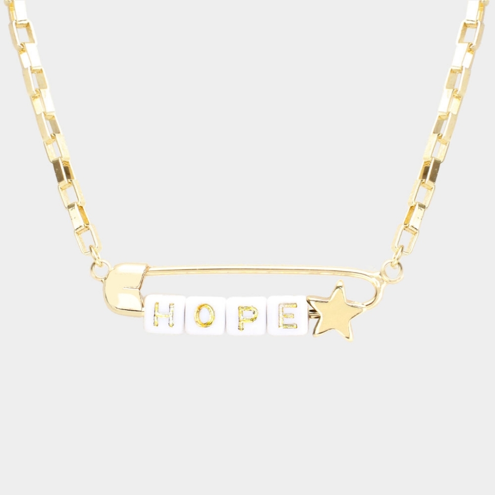 Gold HOPE Safety Pin Pendant Necklace Jewelry Cute White
